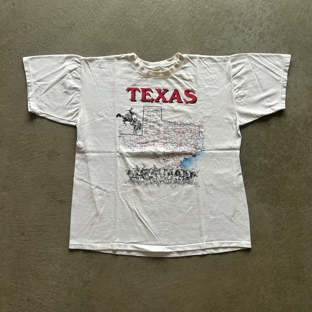 Vintage 80s Texas Shirt Size XL White Springhill Cowboy State Map Cow